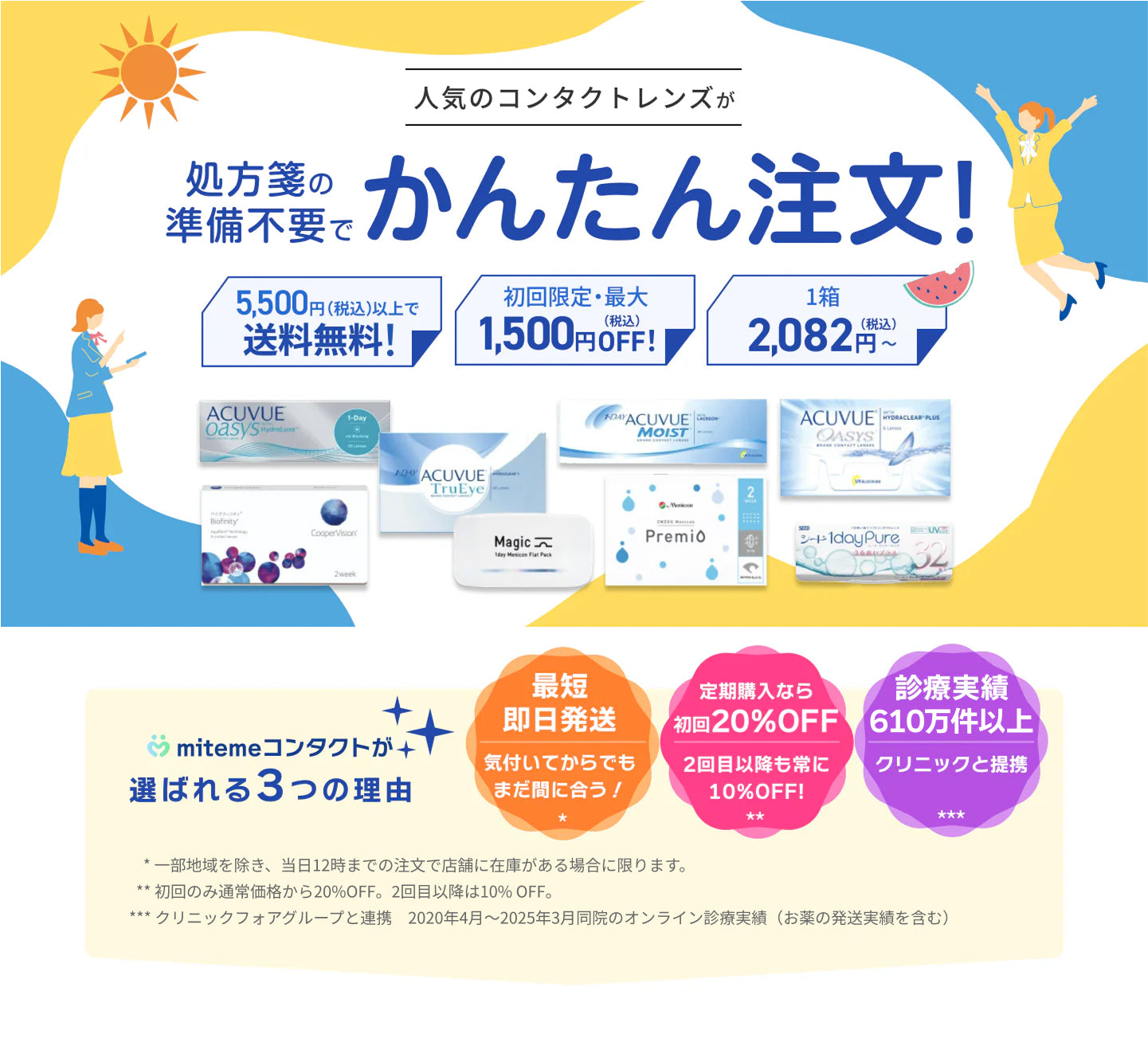 mitemeコンタクト 選ばれる３つの理由 最短即日発送　すぐ届く　定期購入なら初回20%Off 診療実績200万件以上