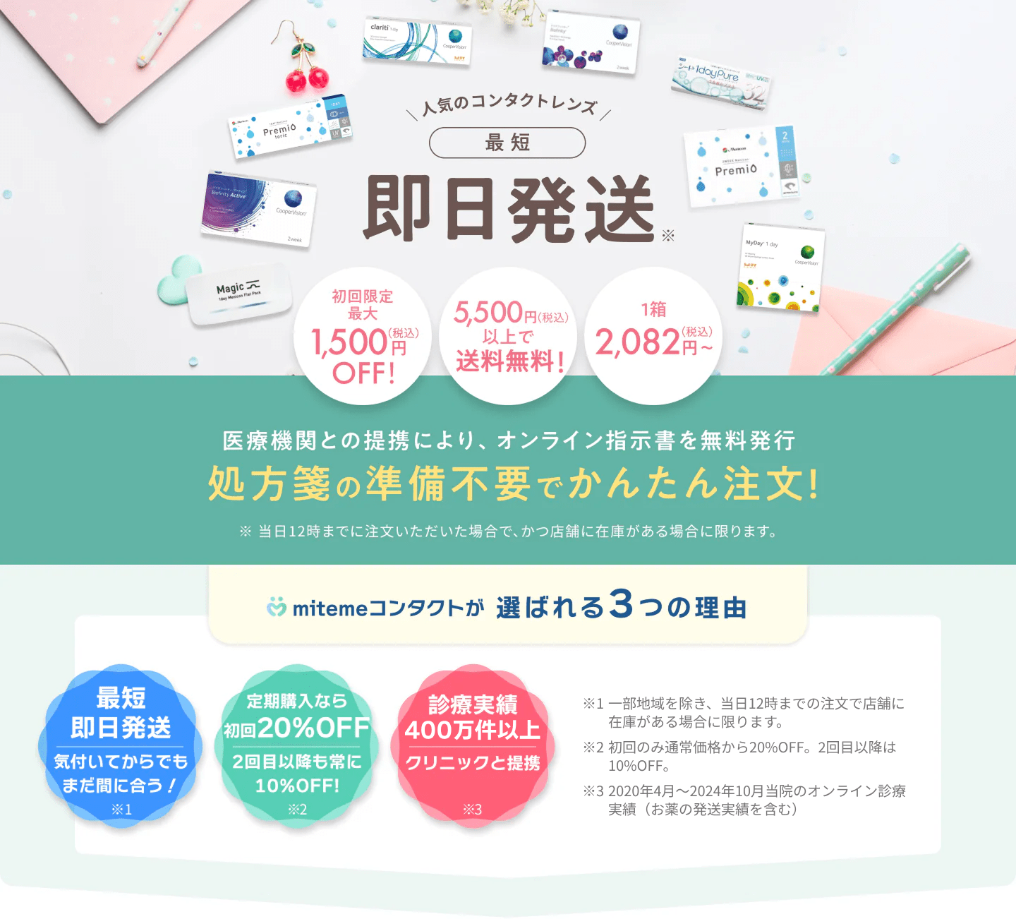 mitemeコンタクト 選ばれる３つの理由 最短即日発送　すぐ届く　定期購入なら初回20%Off 診療実績200万件以上