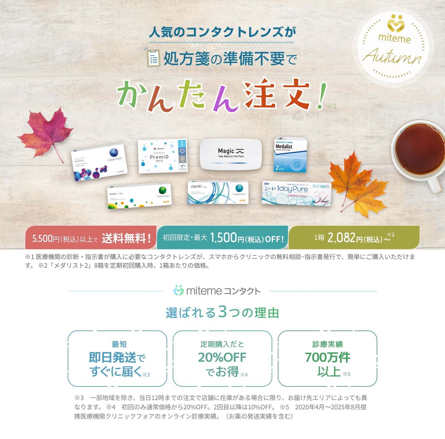 mitemeコンタクト 選ばれる３つの理由 最短即日発送　すぐ届く　定期購入なら初回20%Off 診療実績200万件以上