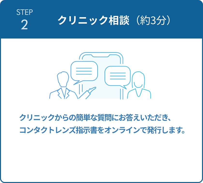 STEP2 クリニック相談（約３分）　クリニックからの簡単な質問にお答えいただき、コンタクトレンズ指示書をオンラインで発行します。